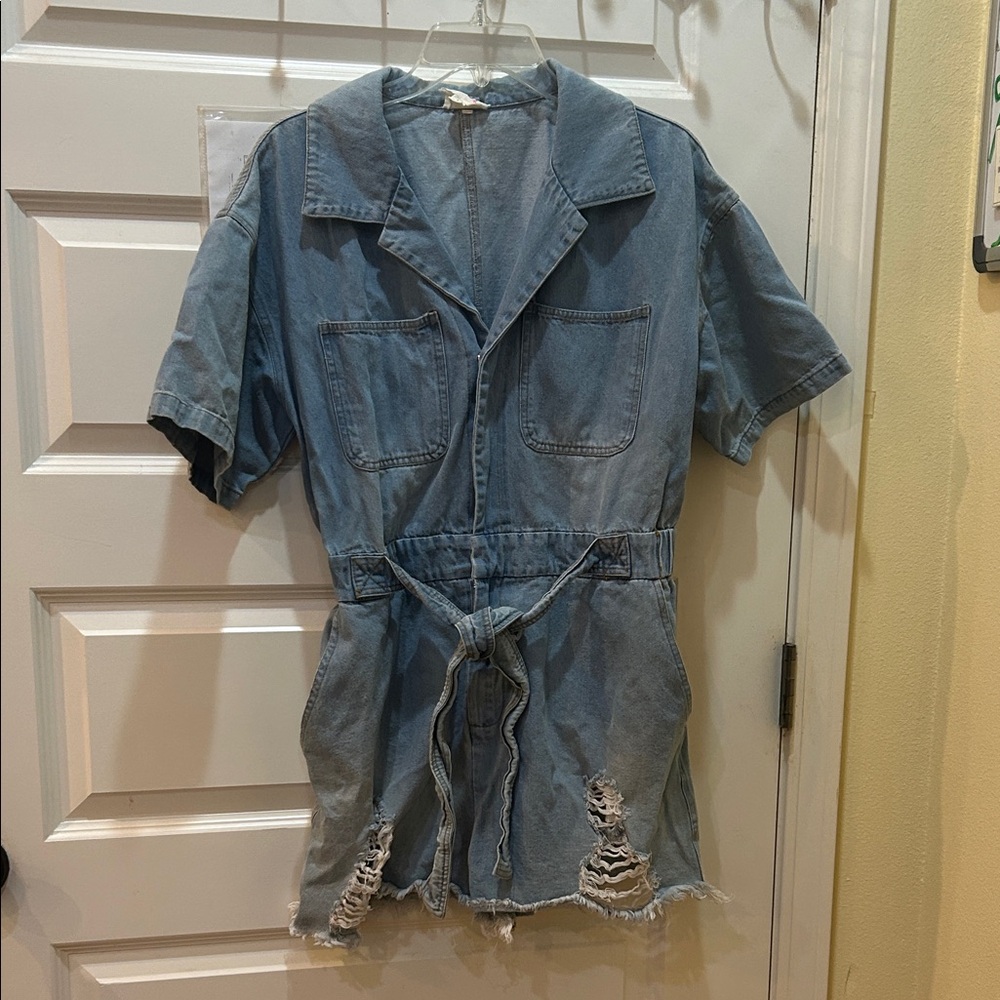 BiBi Light Blue Denim Jumpsuit with Pink Star Accents